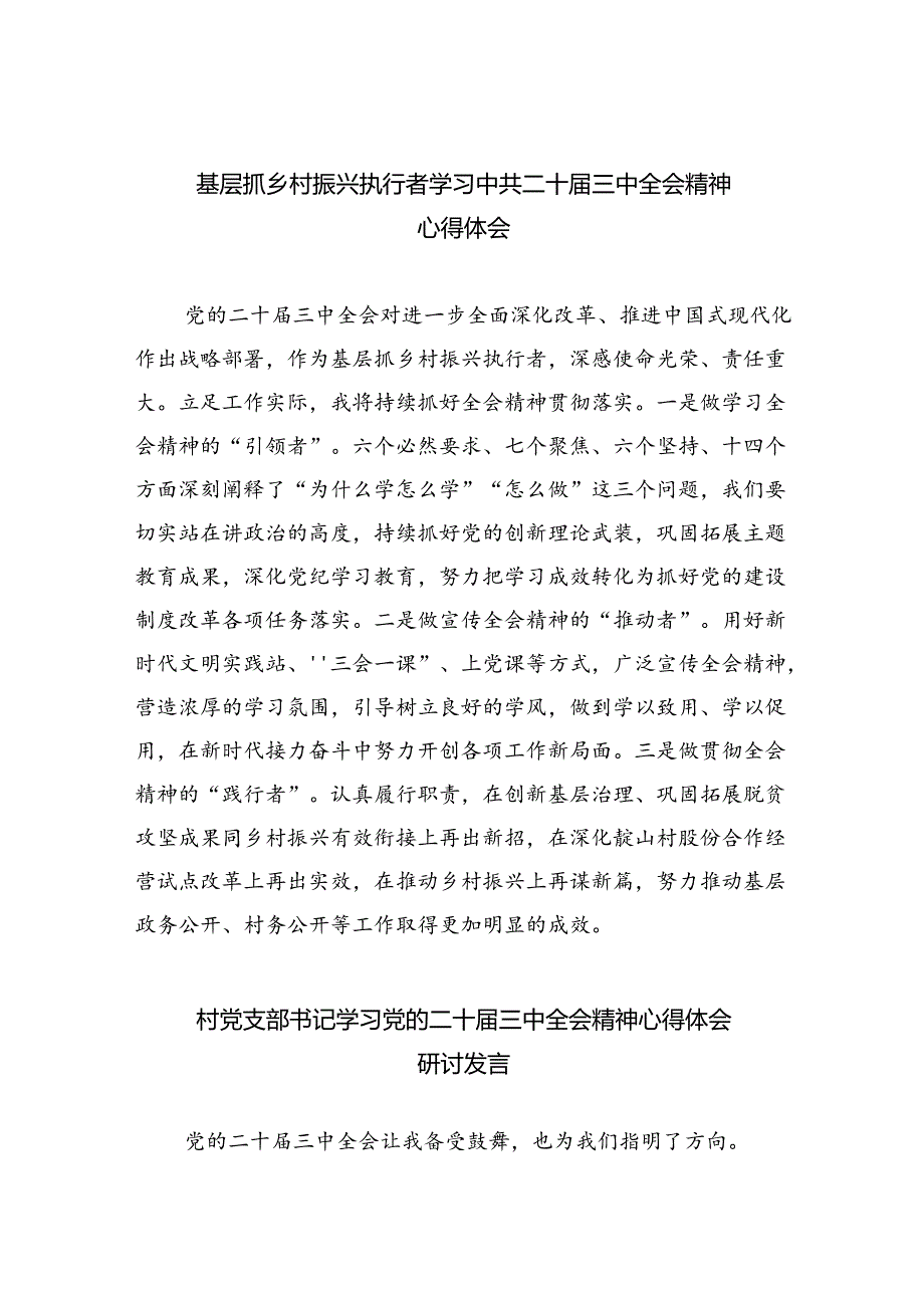 （9篇）基层抓乡村振兴执行者学习中共二十届三中全会精神心得体会范文.docx_第1页