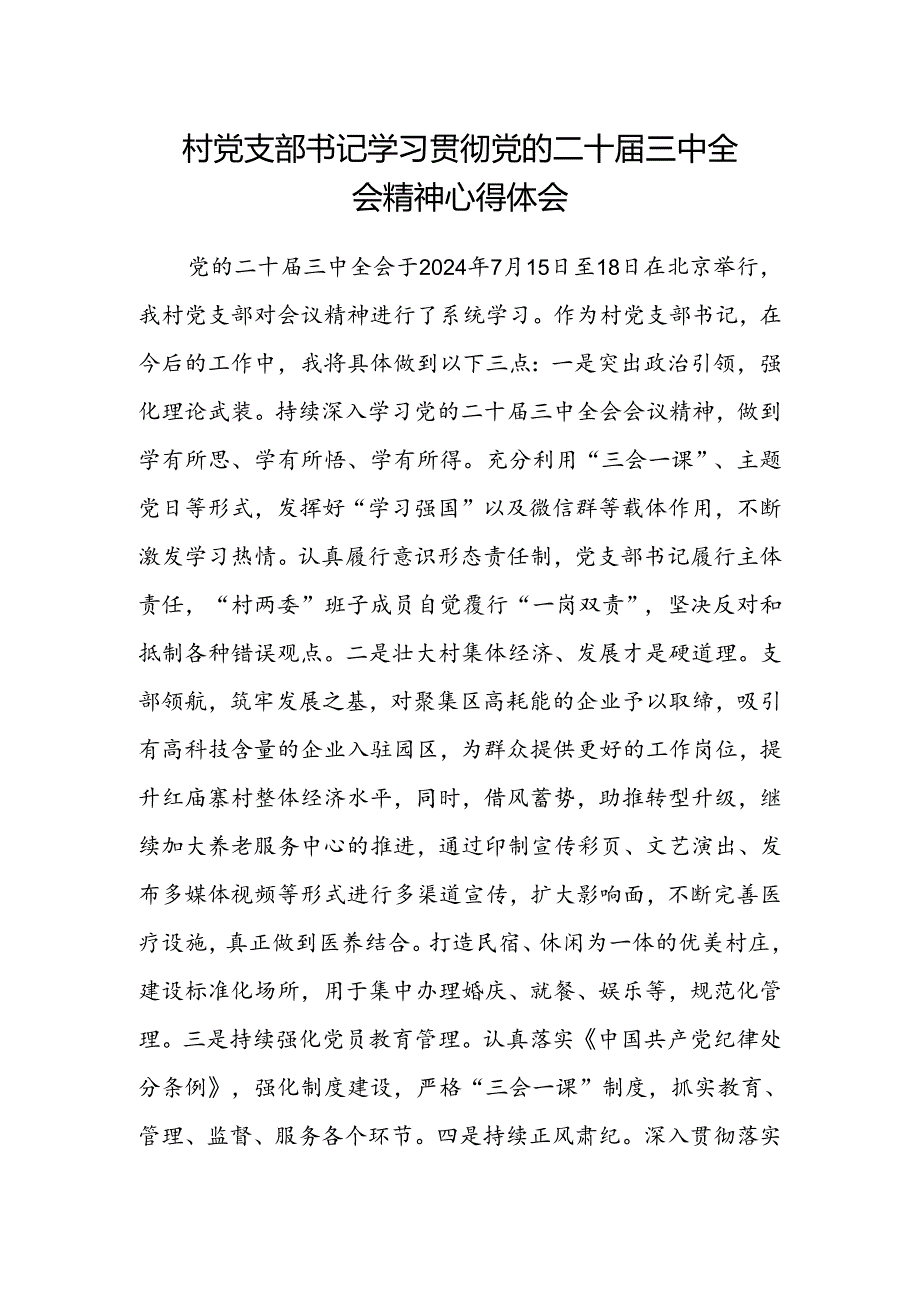 村党支部书记学习贯彻党的二十届三中全会精神心得体会.docx_第1页