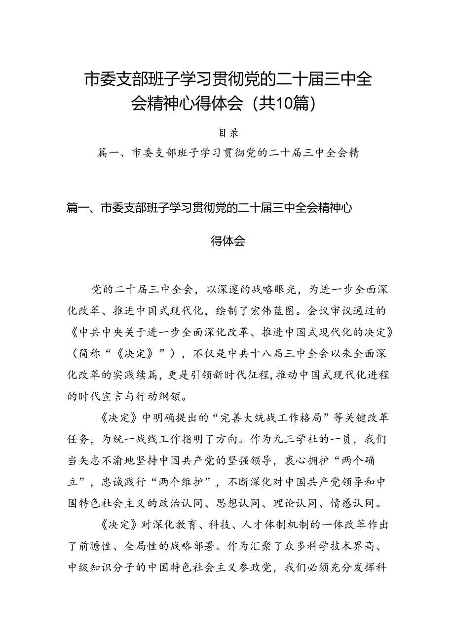 （10篇）市委支部班子学习贯彻党的二十届三中全会精神心得体会范文.docx_第1页