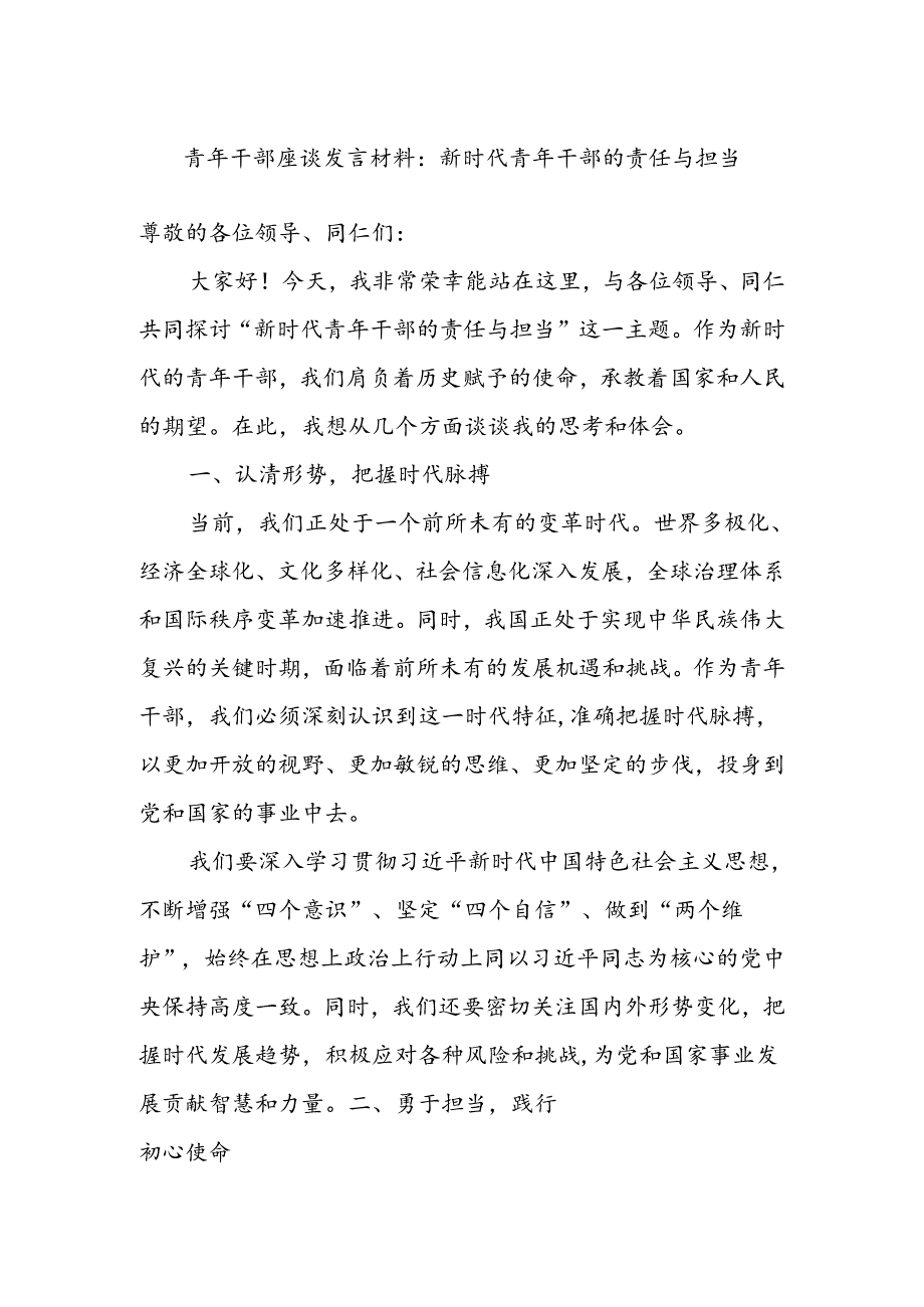 青年干部座谈发言材料：新时代青年干部的责任与担当.docx_第1页