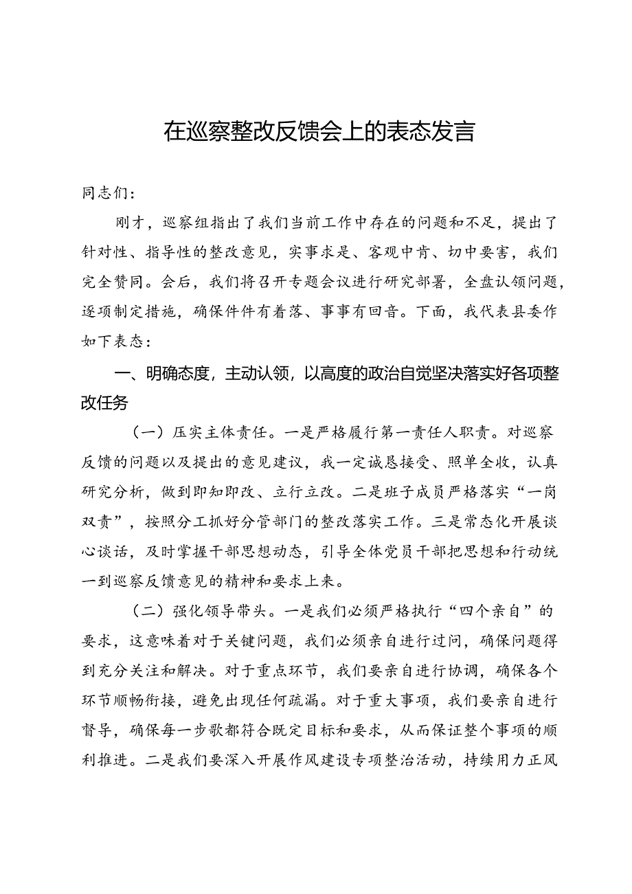 在巡察整改反馈会上的表态发言.docx_第1页