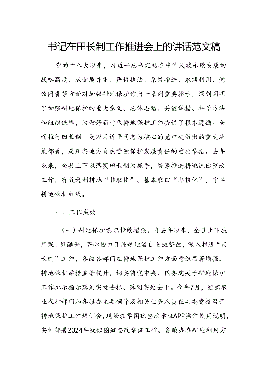 书记在田长制工作推进会上的讲话范文稿.docx_第1页