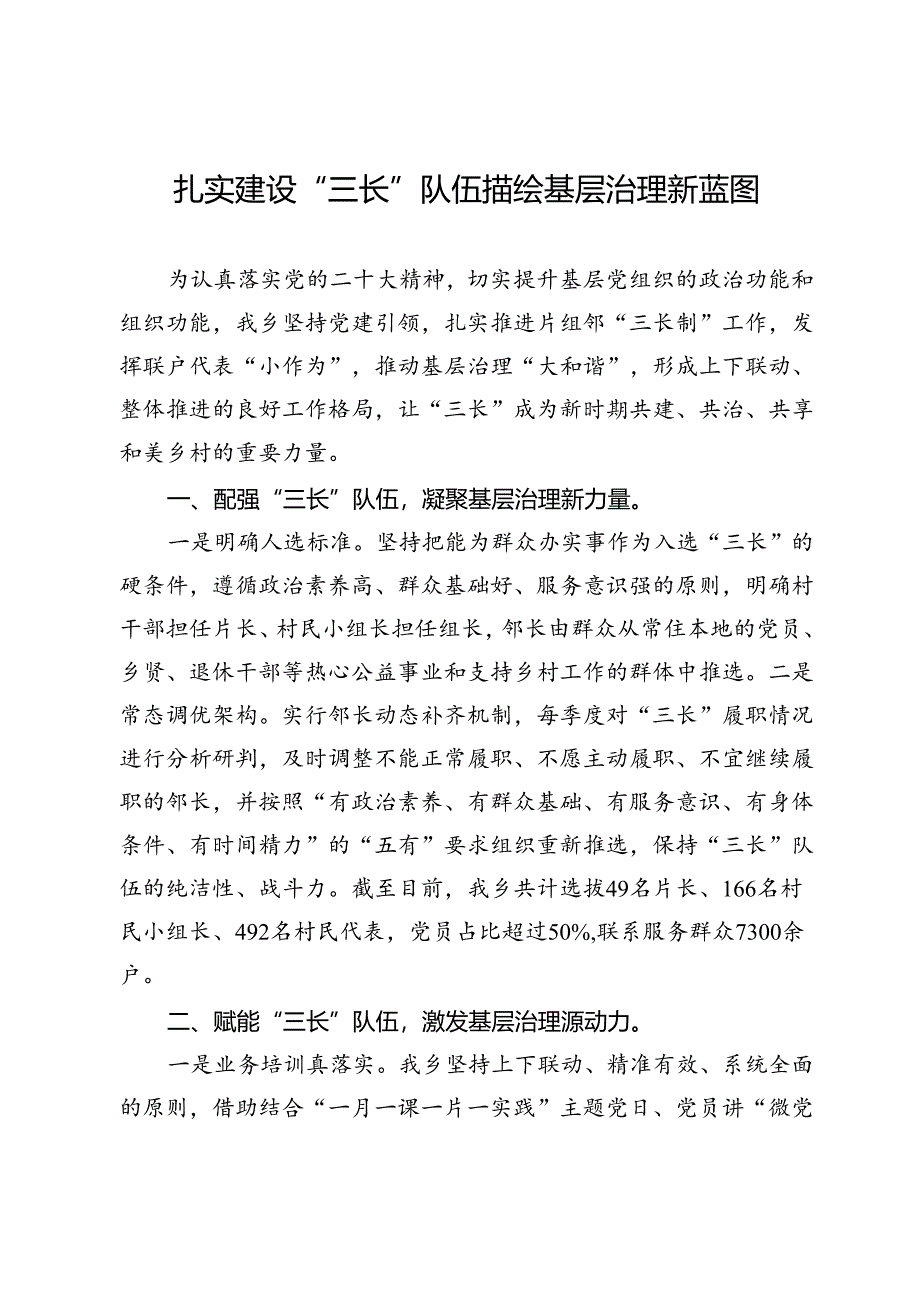 党建引领基层治理交流发言：扎实建设“三长”队伍 描绘基层治理新蓝图.docx_第1页