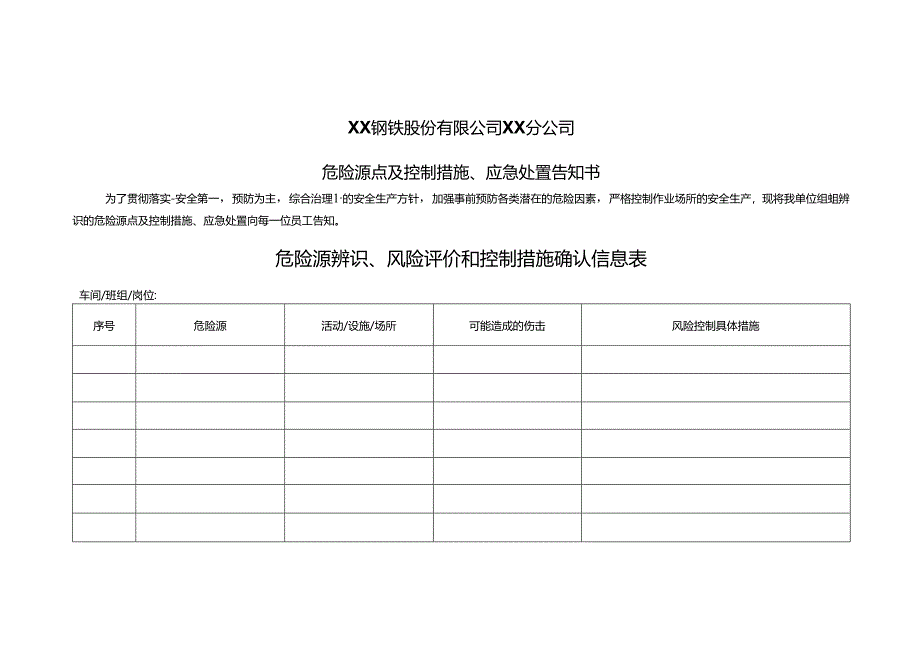 XX钢铁股份有限公司XX分公司危险源点及控制措施、应急处置告知书（2024年）.docx_第1页