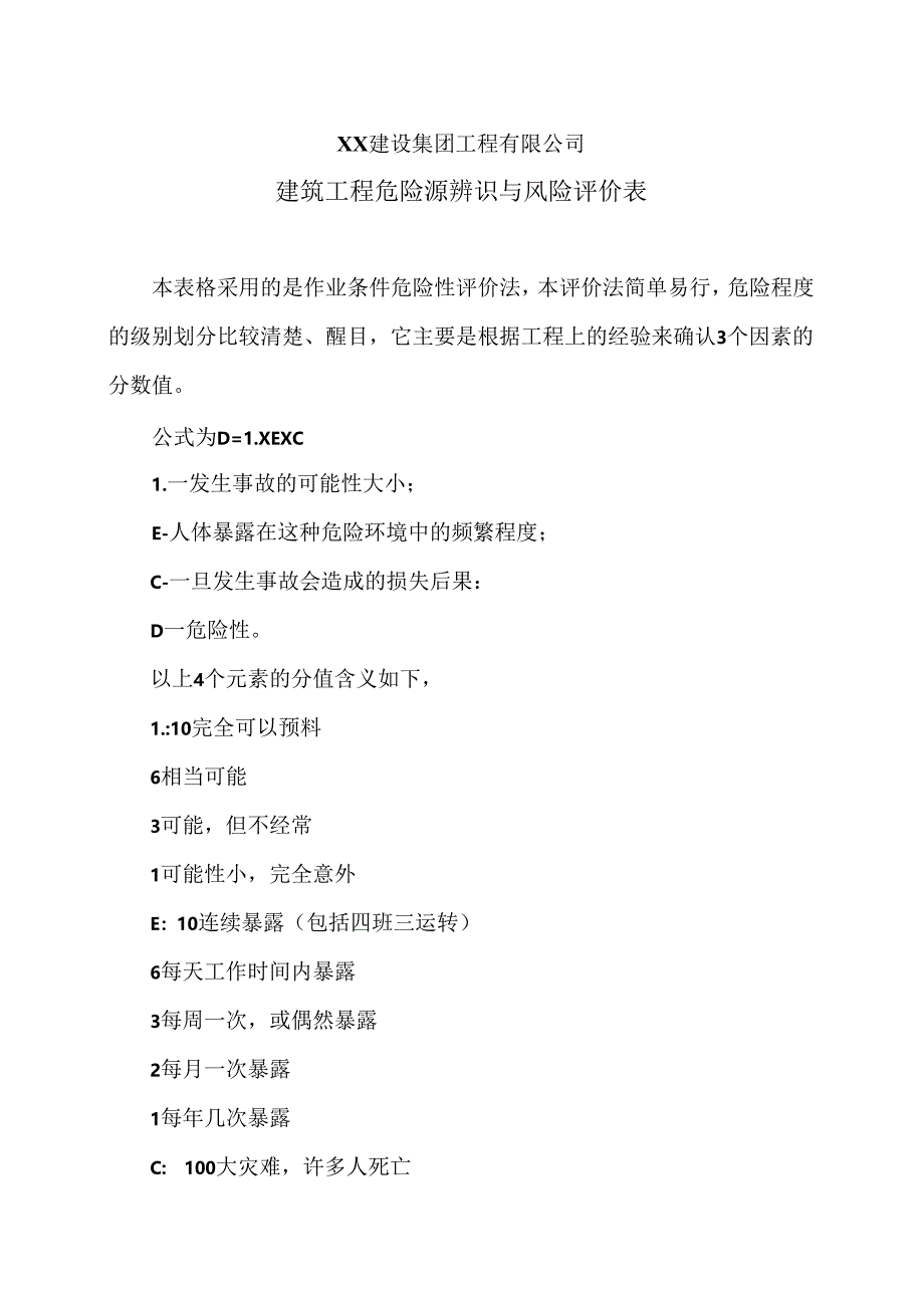 X建筑工程危险源辨识与风险评价表（2…X建设集团工程有限公司）.docx_第1页