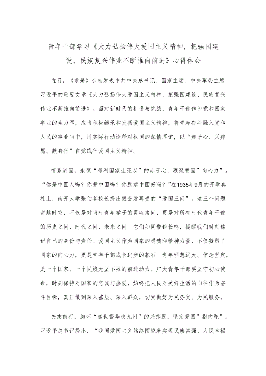 青年干部学习《大力弘扬伟大爱国主义精神把强国建设、民族复兴伟业不断推向前进》心得体会.docx_第1页