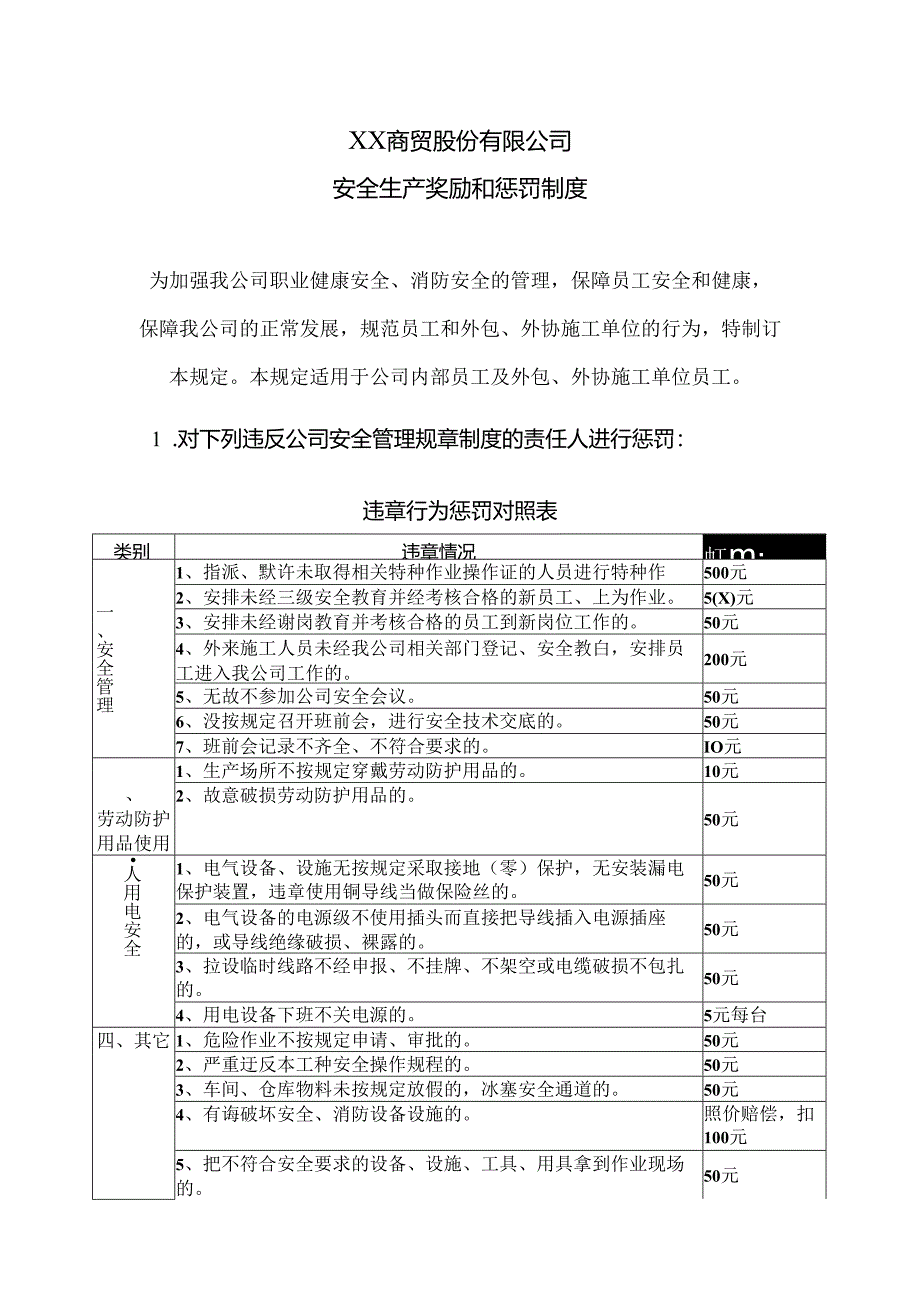 XX商贸股份有限公司安全生产奖励和惩罚制度（2024年）.docx_第1页