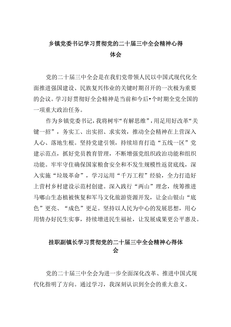 乡镇党委书记学习贯彻党的二十届三中全会精神心得体会样例8篇（精选）.docx_第1页