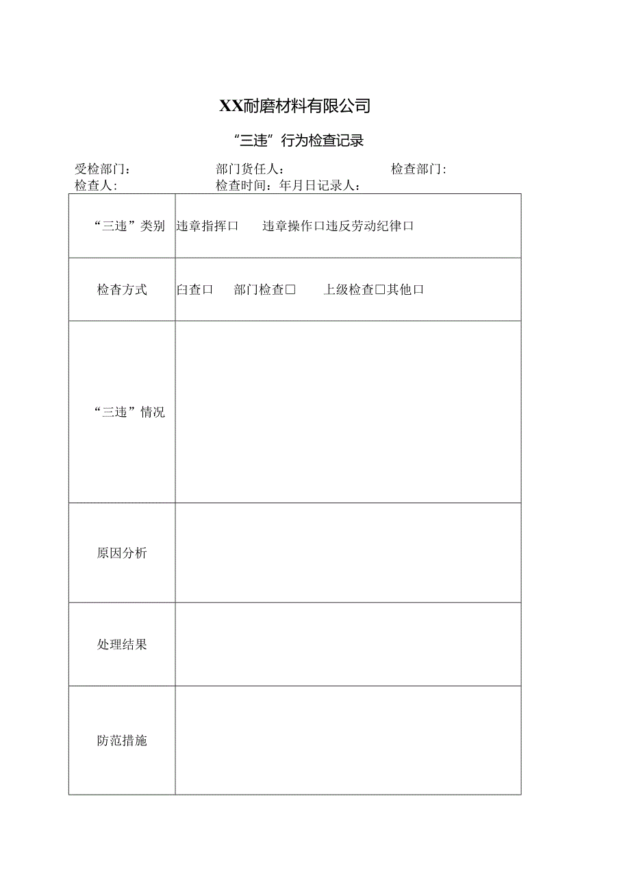 XX耐磨材料有限公司“三违”行为检查记录（2024年）.docx_第1页