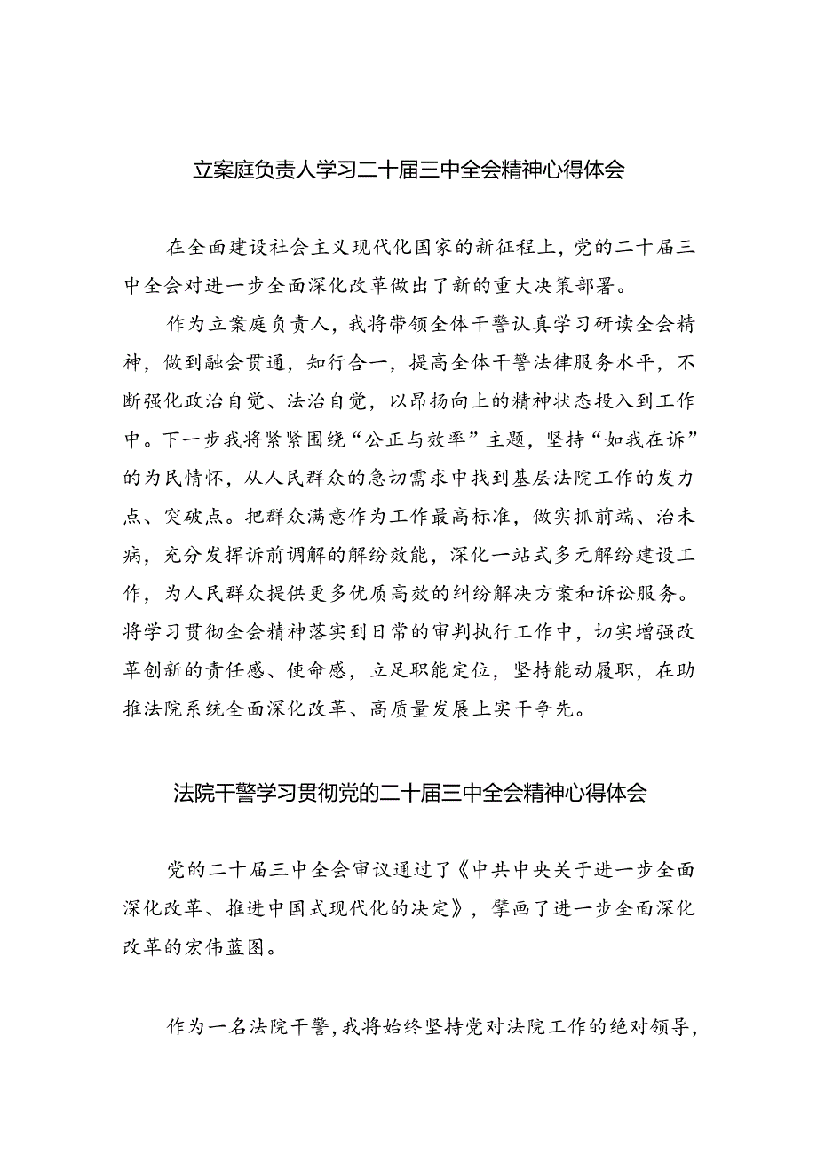 立案庭负责人学习二十届三中全会精神心得体会（共五篇）.docx_第1页