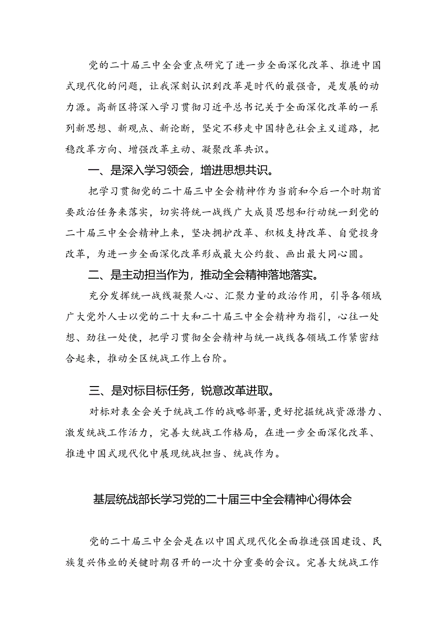 统战干部学习贯彻党的二十届三中全会精神心得体会（共五篇选择）.docx_第3页