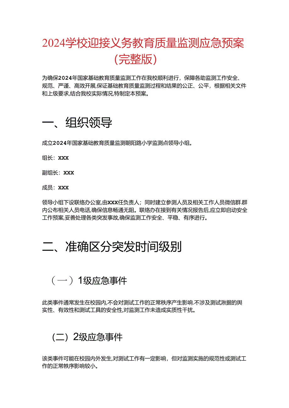 2024学校迎接义务教育质量监测应急预案（完整版）.docx_第1页