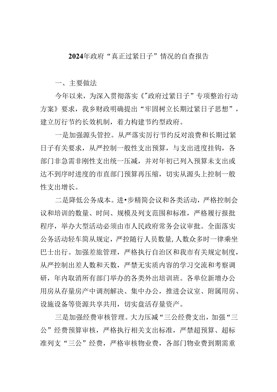 （12篇）2024年政府“真正过紧日子”情况的自查报告范文.docx_第1页