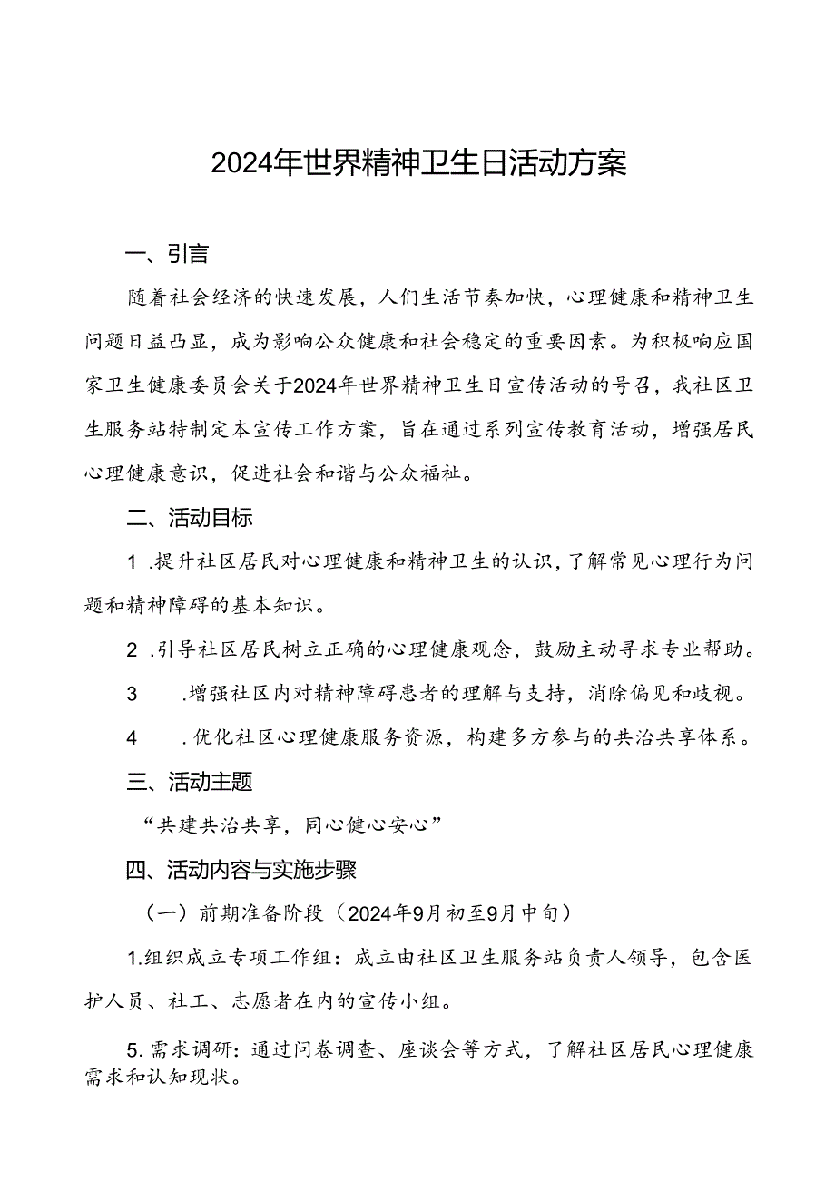 2024年社区卫生服务站开展世界精神卫生日宣传活动方案5篇.docx_第1页