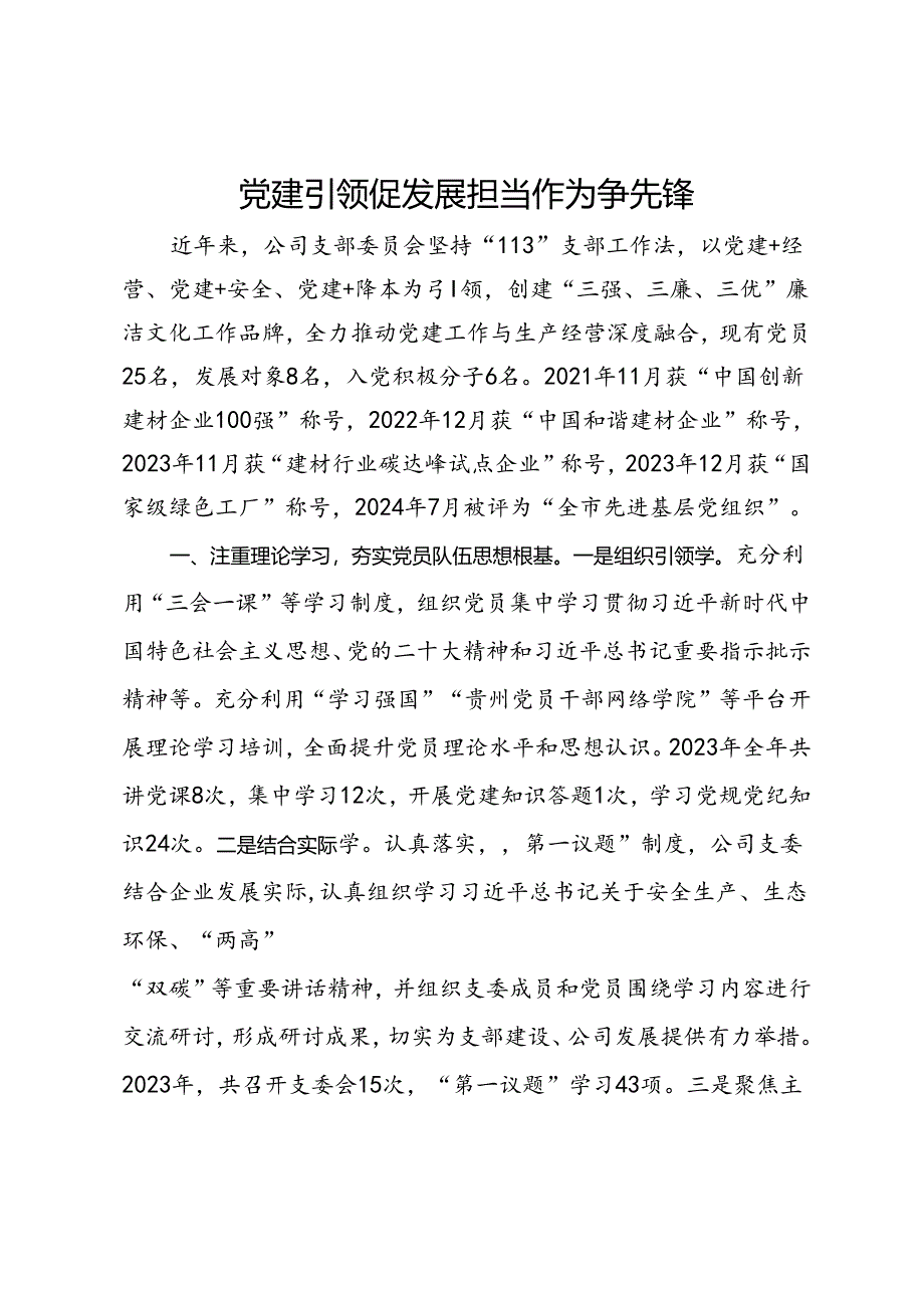 先进党支部事迹材料：党建引领促发展 担当作为争先锋.docx_第1页