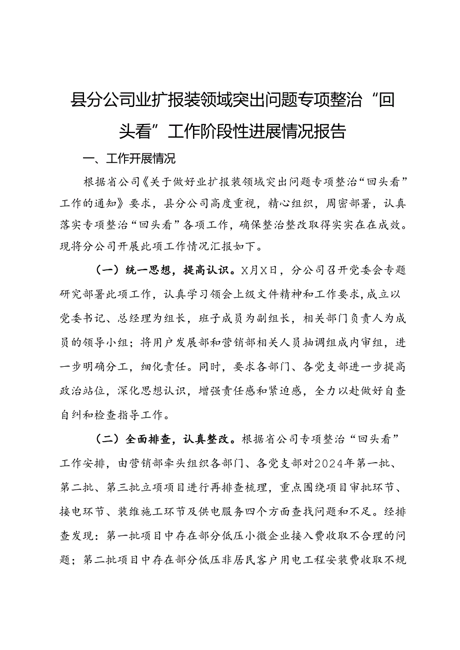 县分公司业扩报装领域突出问题专项整治“回头看”工作阶段性进展情况报告.docx_第1页