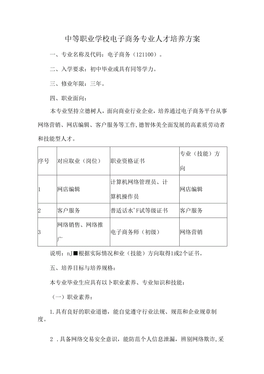 中等职业学校电子商务专业人才培养方案.docx_第1页