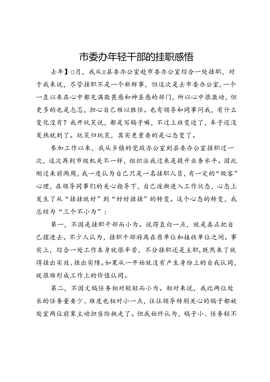 市委办年轻干部的挂职感悟.docx_第1页