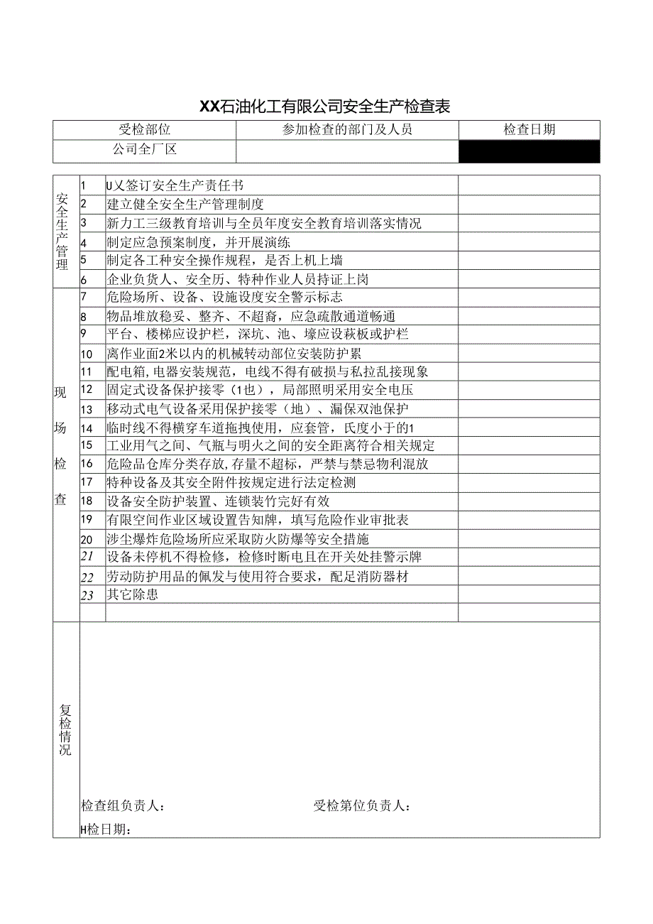 XX石油化工有限公司安全生产检查表（2024年）.docx_第1页