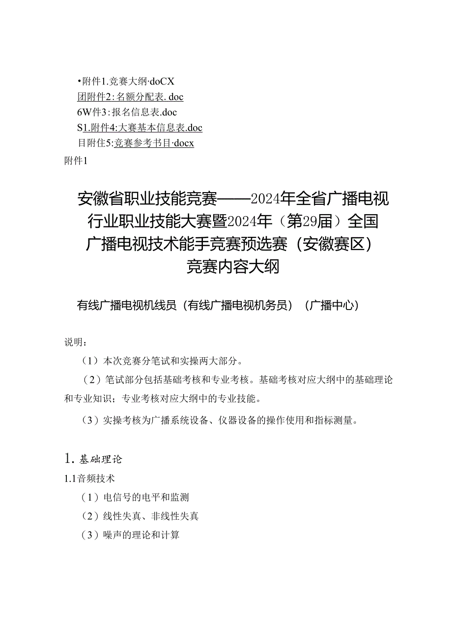 2024年全国广播电视技术能手竞赛 预选赛（安徽赛区）竞赛大纲、参考书目.docx_第1页