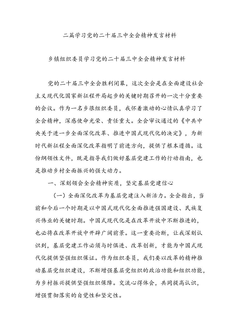 二篇学习党的二十届三中全会精神发言材料.docx_第1页