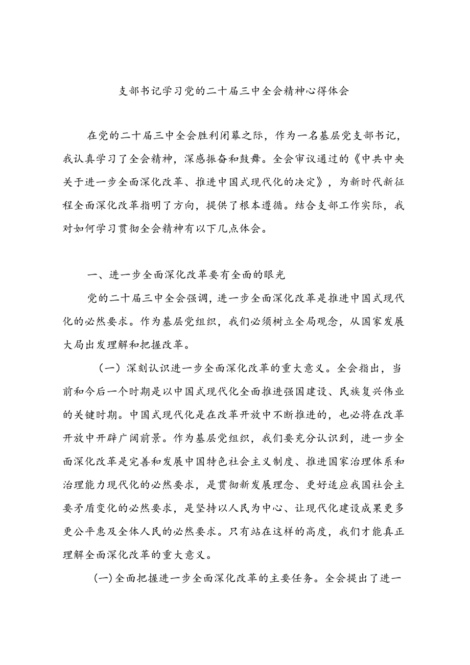 党支部书记学习贯彻二十届三中全会公报精神心得体会研讨发言.docx_第1页