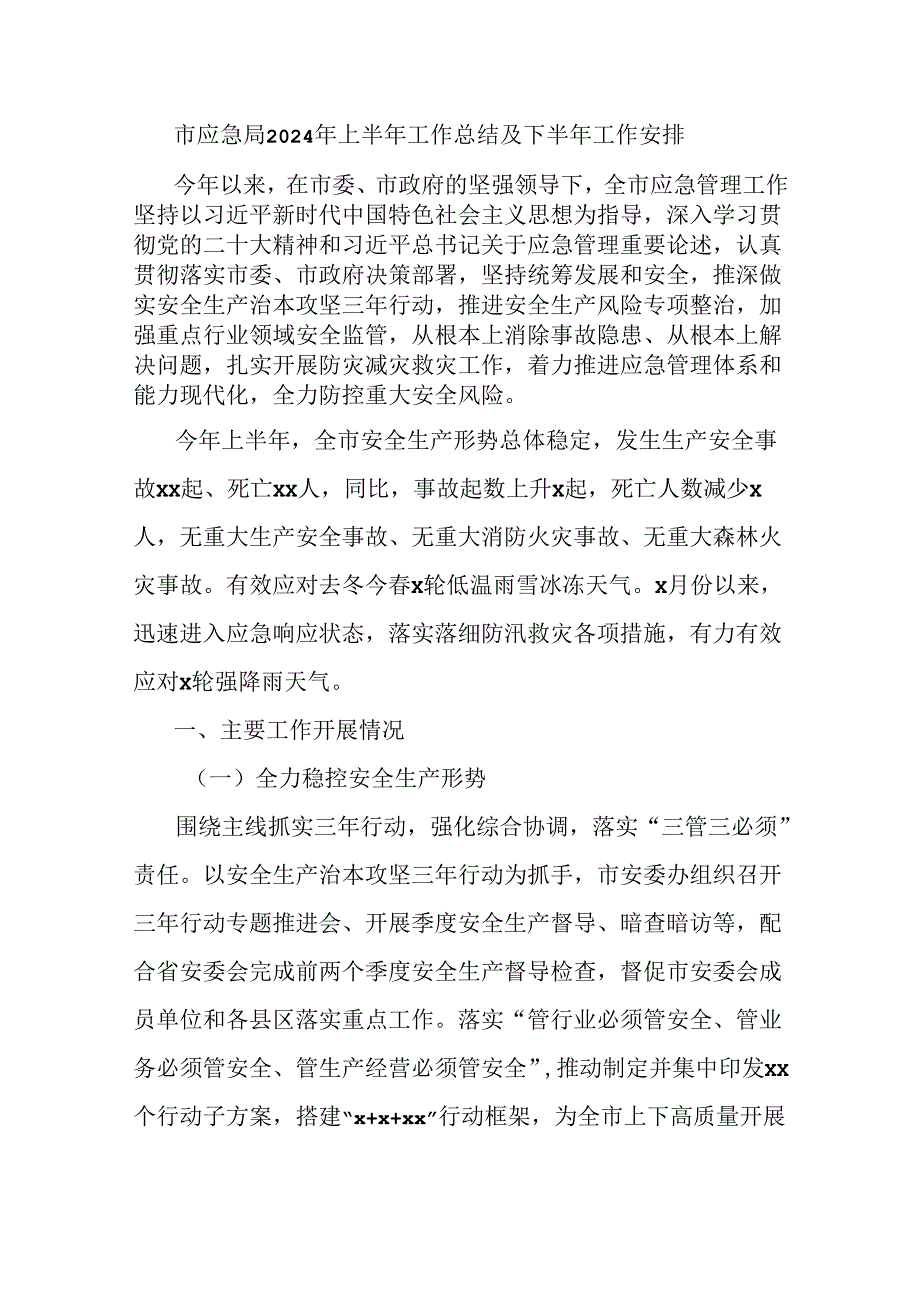 市应急局2024年上半年工作总结及下半年工作安排.docx_第1页