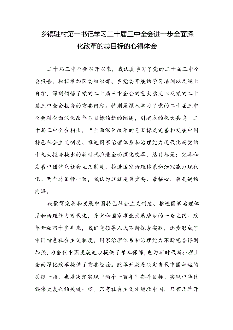 乡镇驻村第一书记学习二十届三中全会进一步全面深化改革的总目标的心得体会和驻村第一书记个人述职报告.docx_第2页