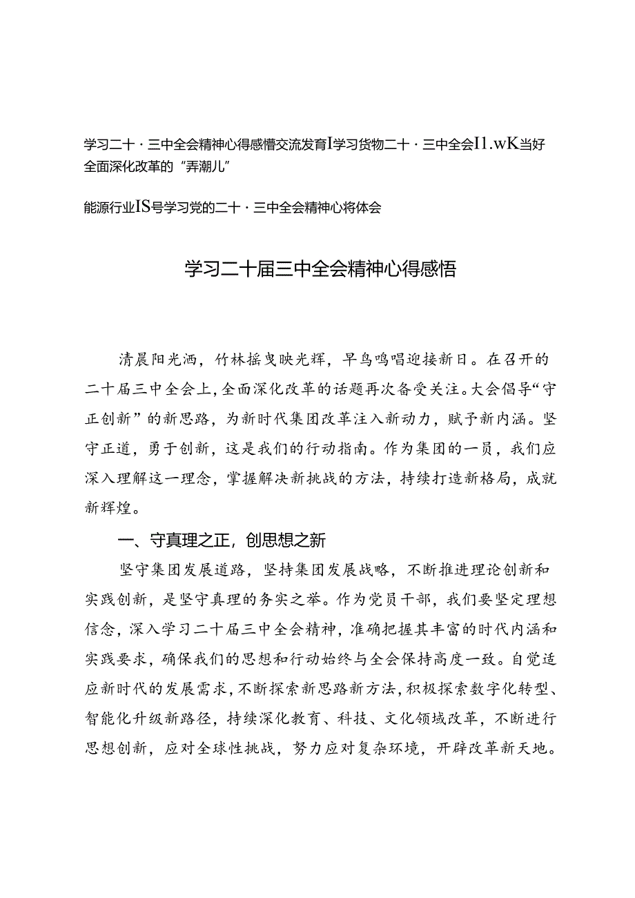 3篇 2024年领导学习党的二十届三中全会精神心得体会感悟、交流发言.docx_第1页