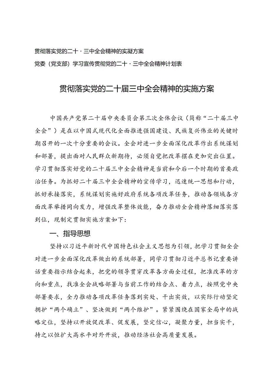 4篇 2024年贯彻落实党的二十届三中全会精神的实施方案+党委(党支部)学习宣传党的二十届三中全会精神计划表.docx_第1页