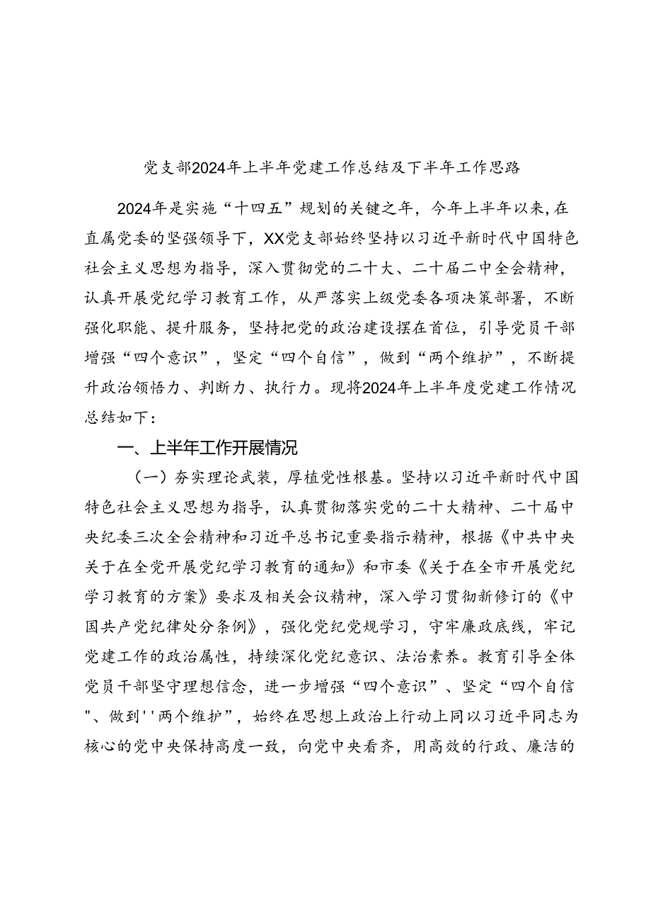 党支部2024年上半年党建工作总结及下半年工作思路2025.docx_第1页