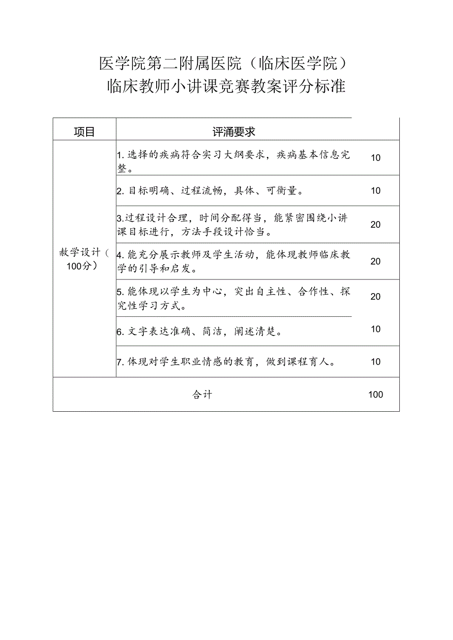 医学院第二附属医院临床医学院临床教师小讲课竞赛教案评分标准.docx_第1页