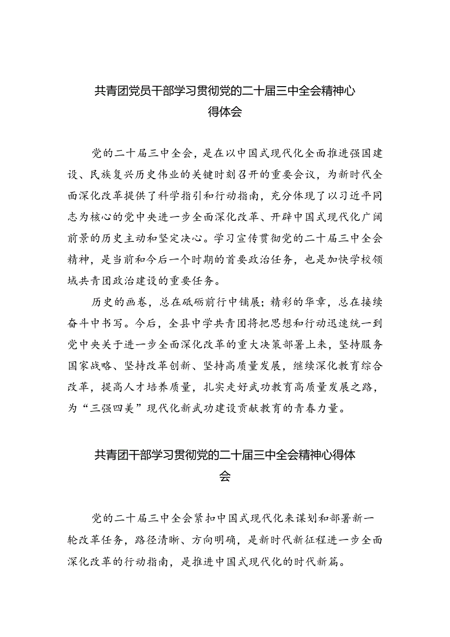 共青团党员干部学习贯彻党的二十届三中全会精神心得体会8篇（精选版）.docx_第1页