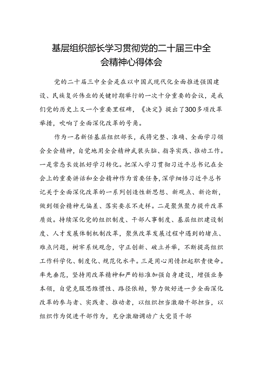 基层组织部长学习贯彻党的二十届三中全会精神心得体会.docx_第1页