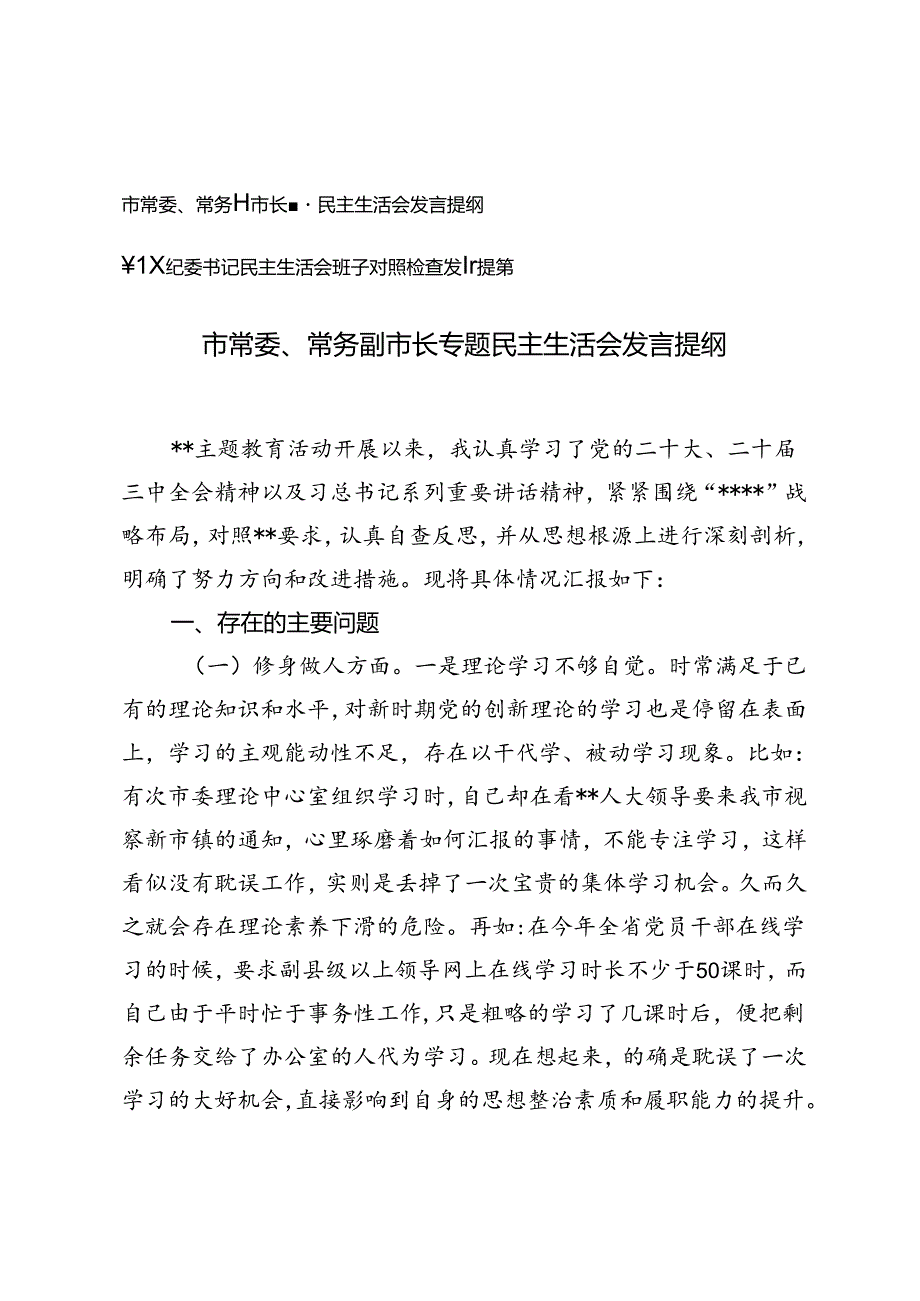 2篇 市常委、常务副市长专题民主生活会发言提纲+乡镇纪委书记民主生活会班子对照检查发言提纲.docx_第1页