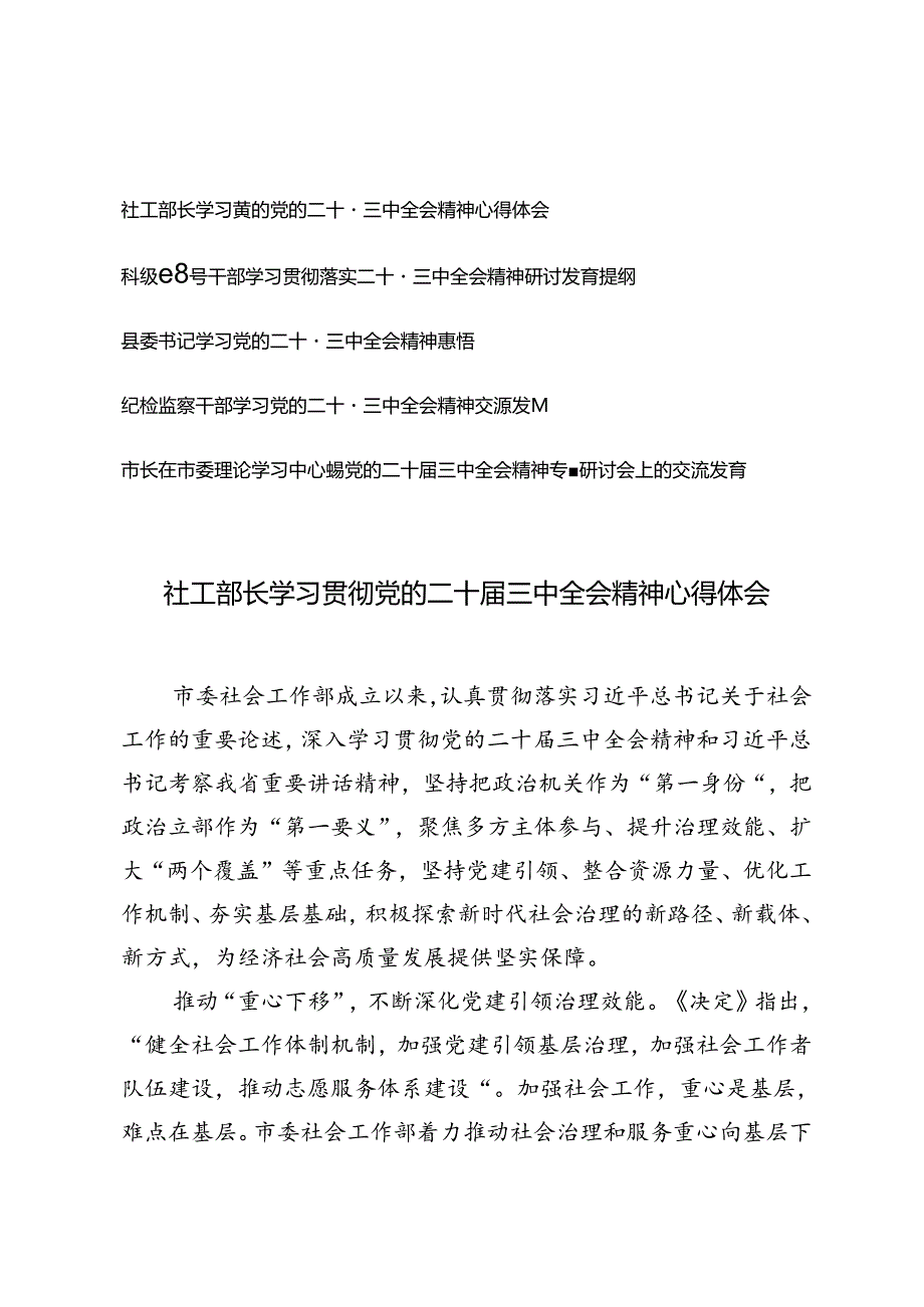 5篇 2024年8月纪检监察干部、部长、领导干部、市长、县委书记学习党的二十届三中全会精神交流发言材料.docx_第1页