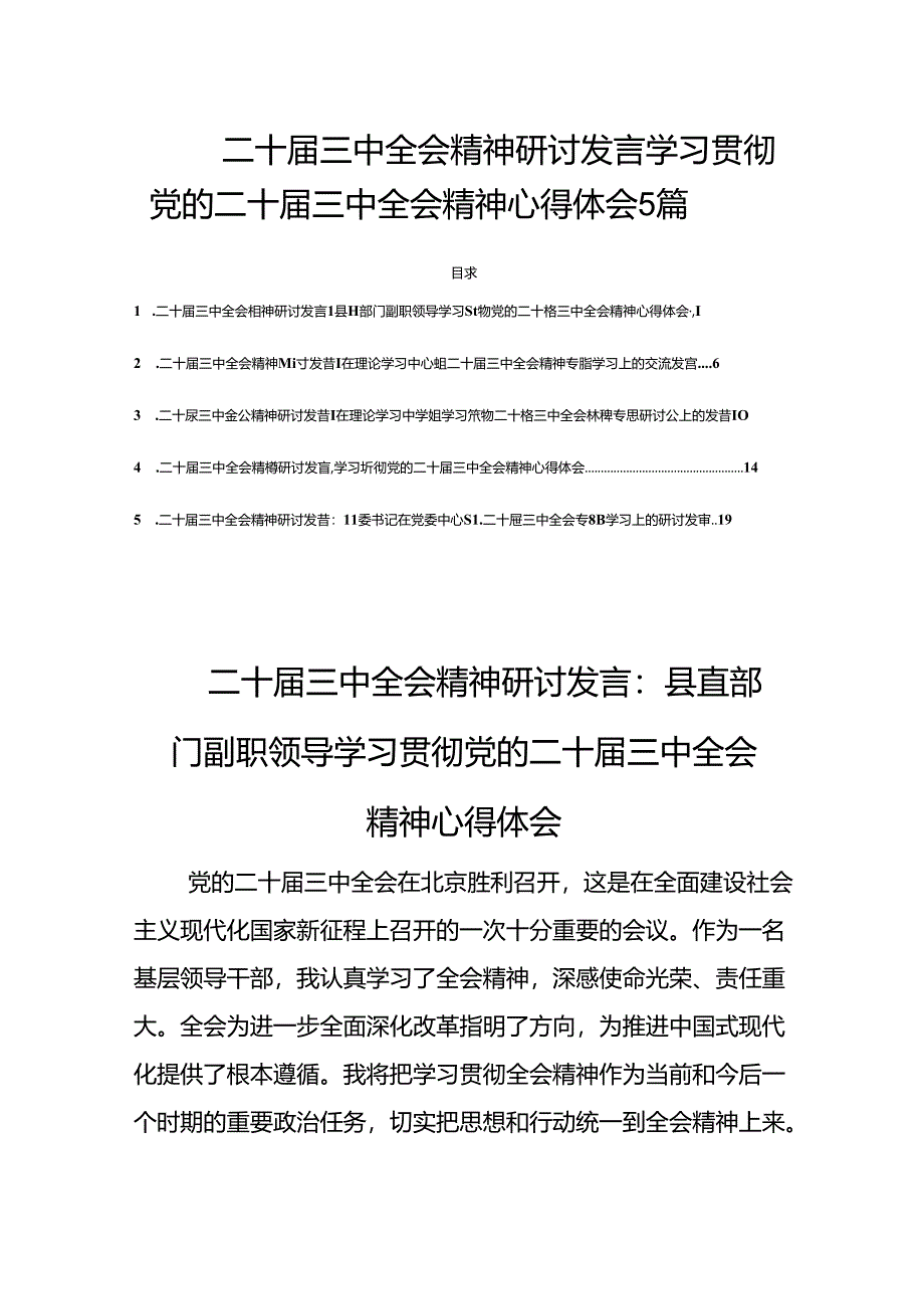 二十届三中全会精神研讨发言学习贯彻党的二十届三中全会精神心得体会5篇.docx_第1页