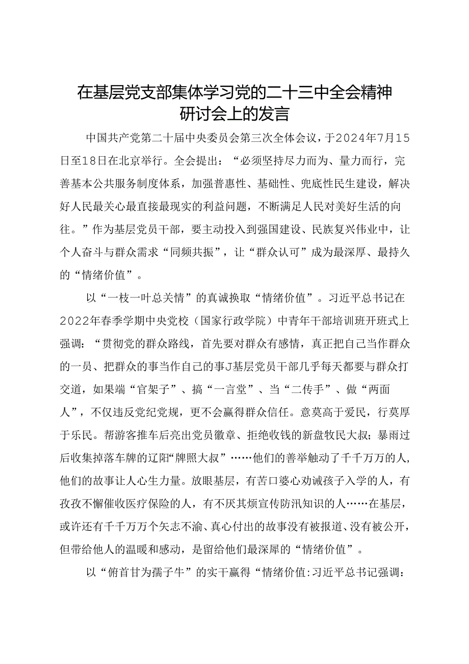 在基层党支部集体学习党的二十三中全会精神研讨会上的发言.docx_第1页