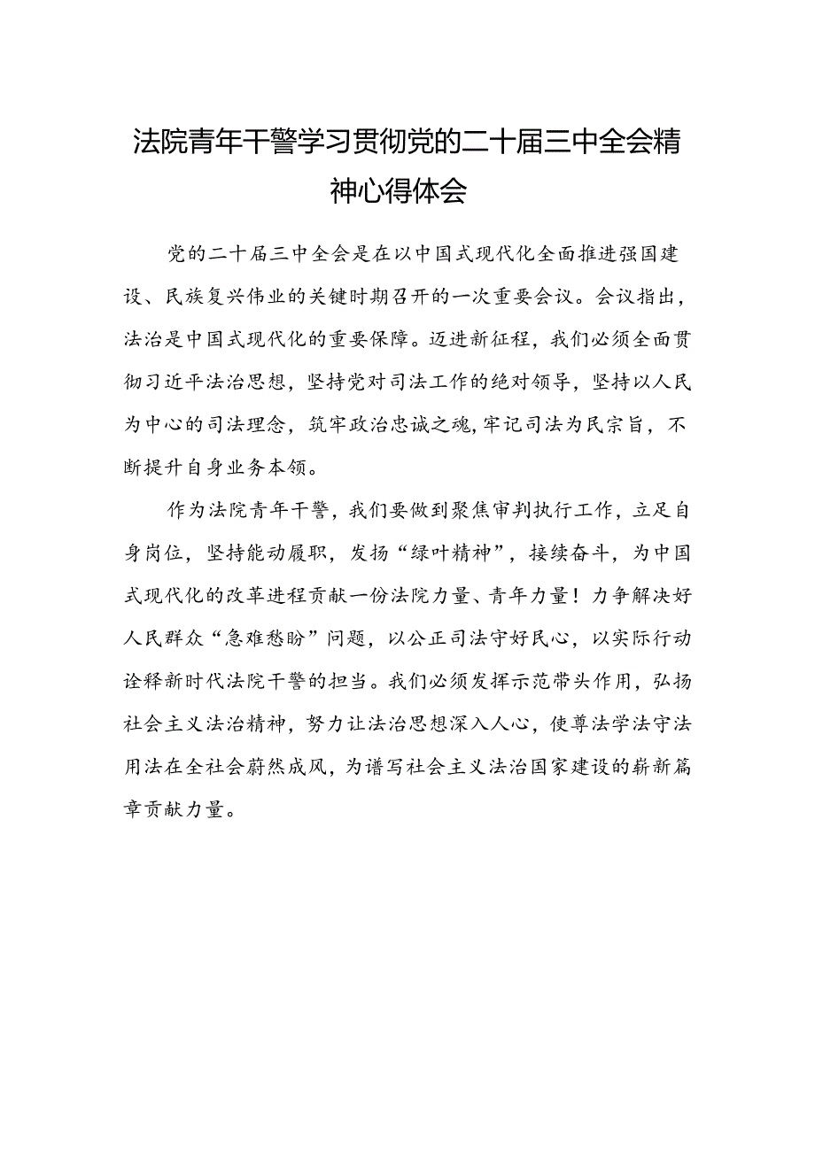 法院青年干警学习贯彻党的二十届三中全会精神心得体会范文.docx_第1页