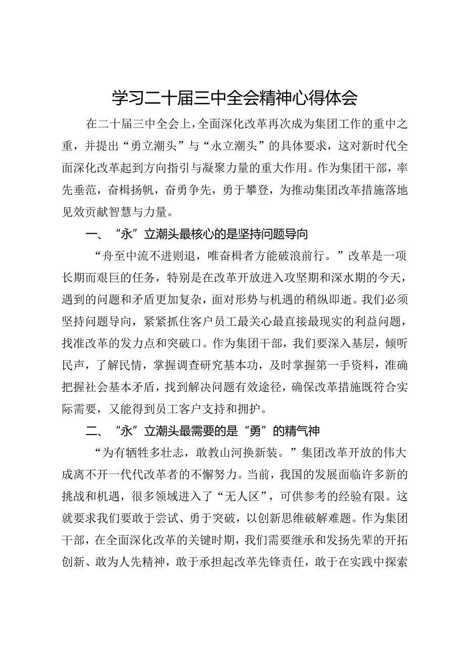 某公司干部学习二十届三中全会精神心得体会.docx_第1页