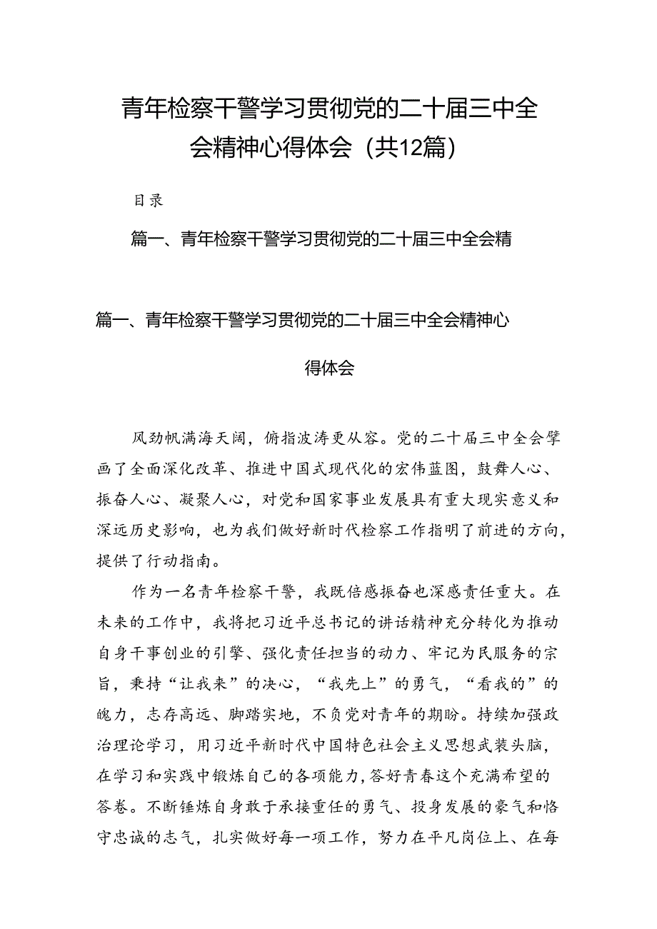 青年检察干警学习贯彻党的二十届三中全会精神心得体会12篇（最新版）.docx_第1页