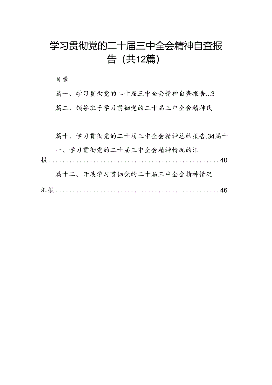 （12篇）学习贯彻党的二十届三中全会精神自查报告范文.docx_第1页