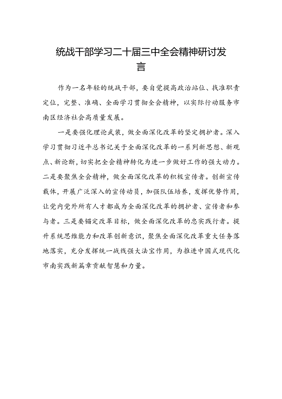 统战干部学习二十届三中全会精神研讨发言.docx_第1页