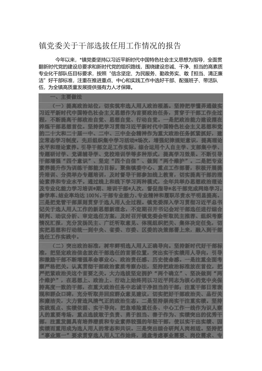 镇党委关于干部选拔任用工作情况的报告.docx_第1页