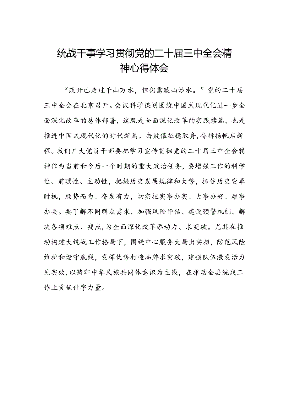 统战干事学习贯彻党的二十届三中全会精神心得体会.docx_第1页