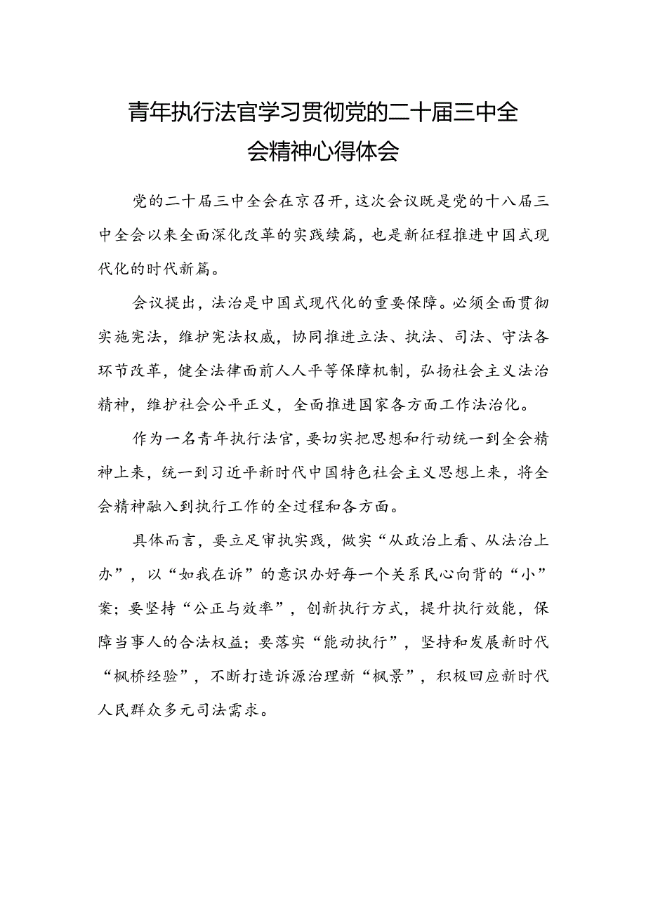 青年执行法官学习贯彻党的二十届三中全会精神心得体会.docx_第1页