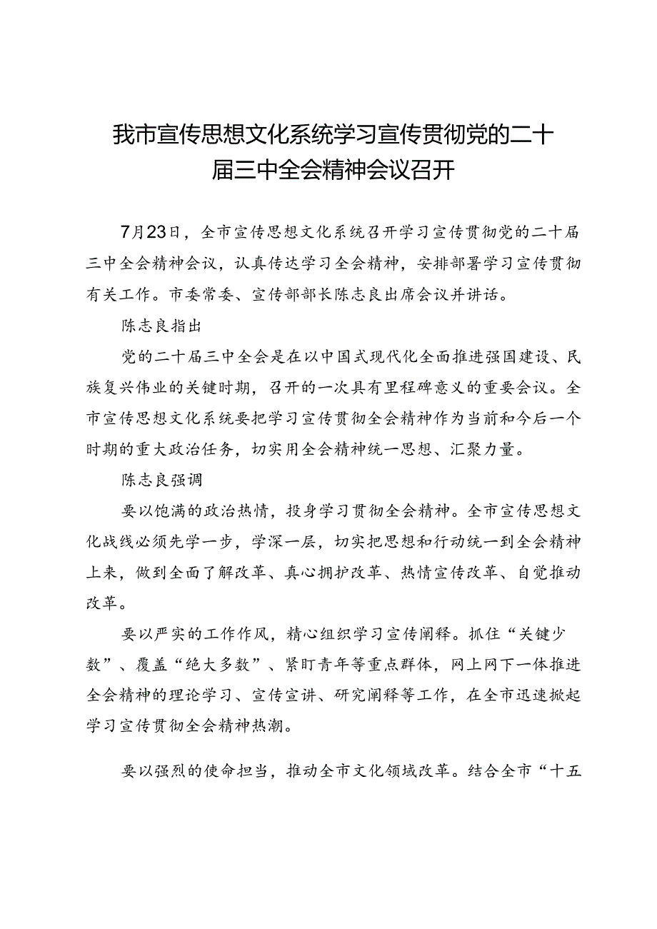 我市宣传思想文化系统学习宣传贯彻党的二十届三中全会精神会议召开.docx_第1页