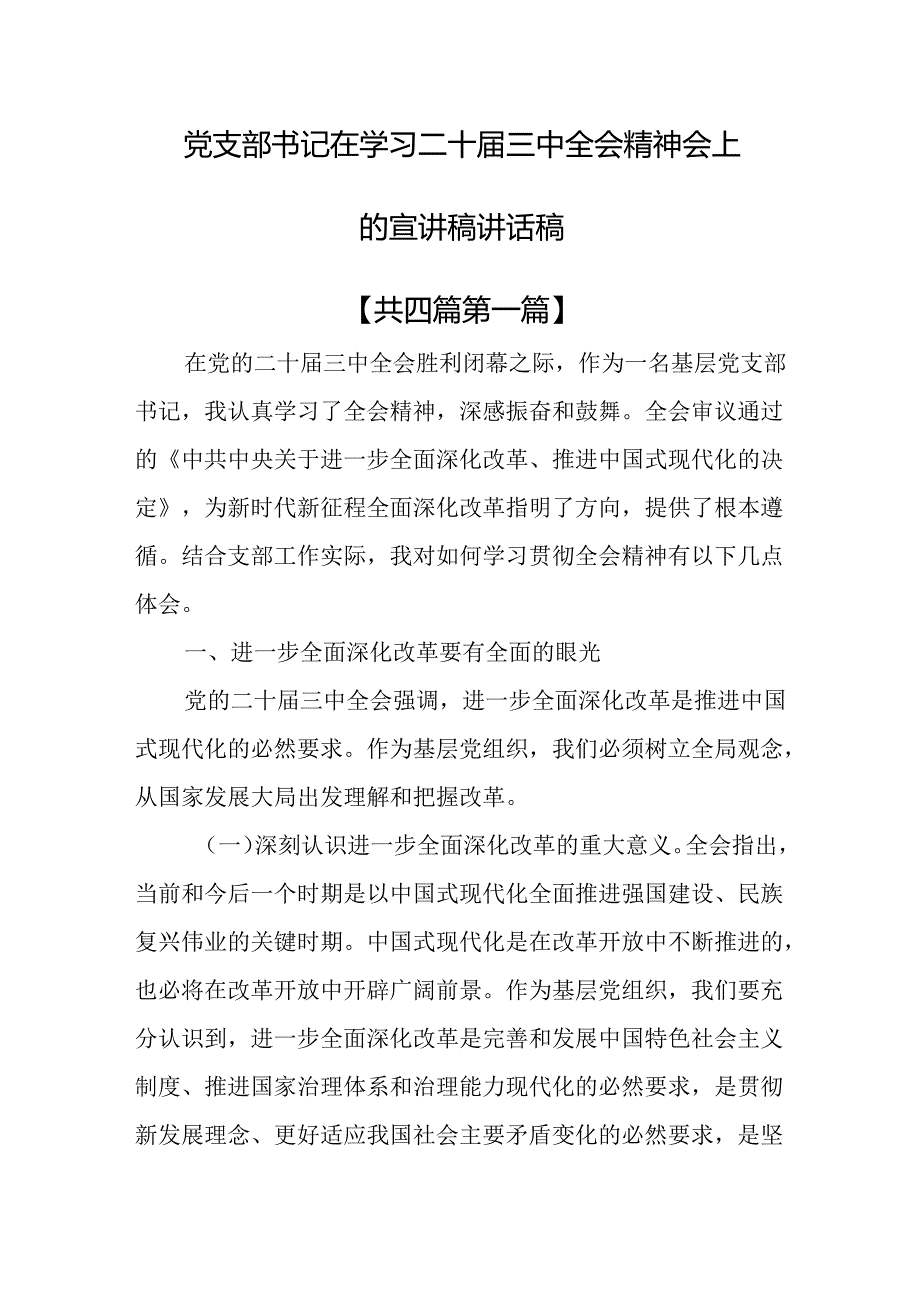 （4篇）党支部书记在学习二十届三中全会精神会上的宣讲稿讲话稿.docx_第1页