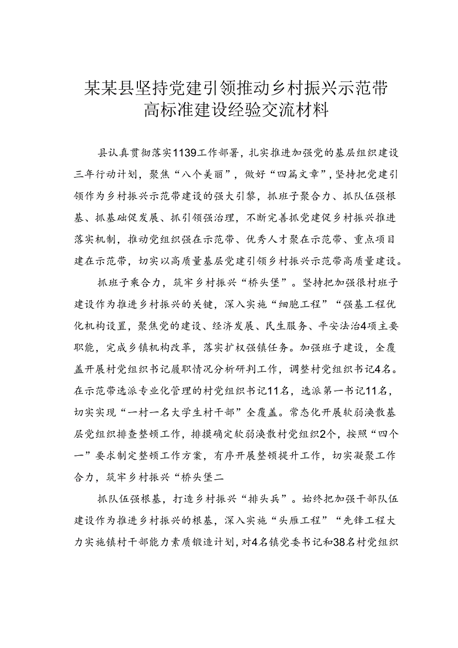 某某县坚持党建引领推动乡村振兴示范带高标准建设经验交流材料.docx_第1页