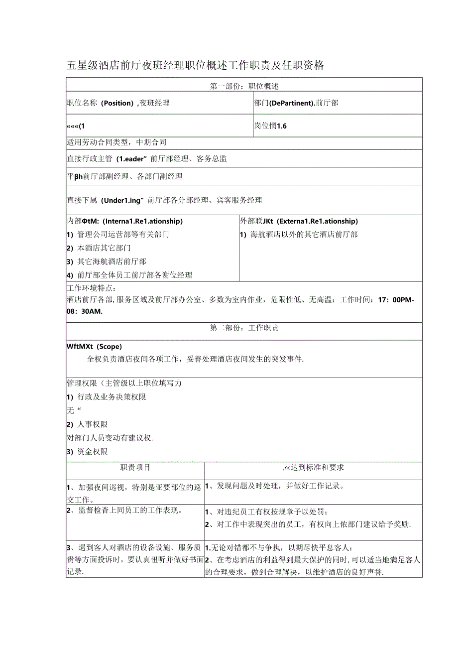 五星级酒店前厅夜班经理职位概述工作职责及任职资格.docx_第1页